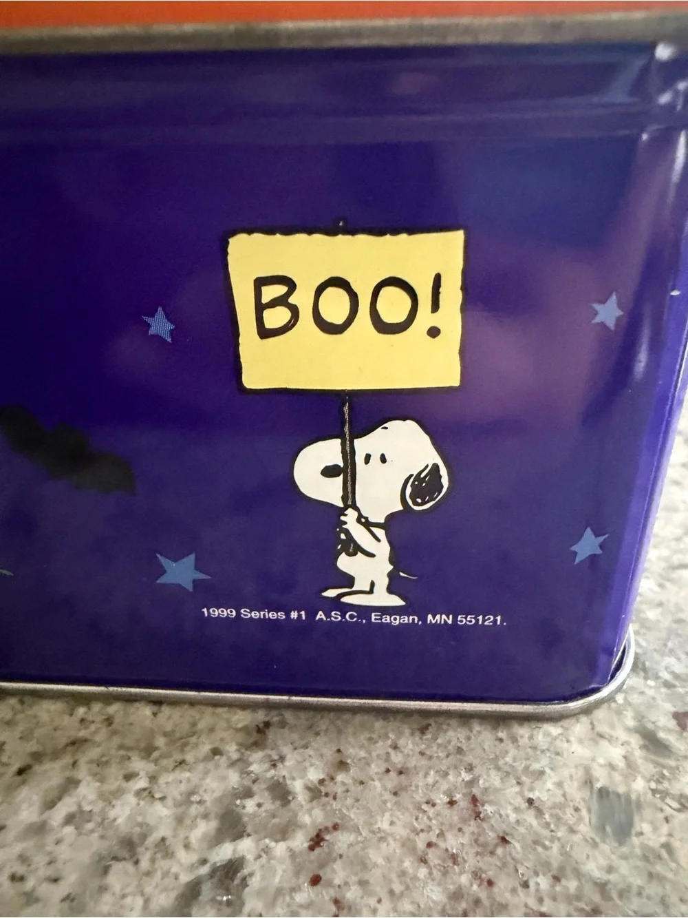 Vintage 1999 Collectible Peanuts Great Pumpkin Orange & Blue Tin